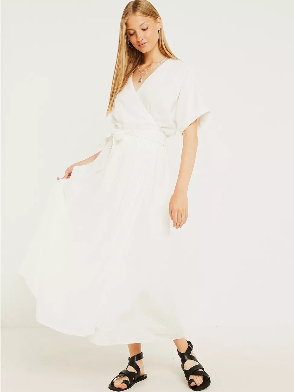 UO Linen Wrap White Midi Dress